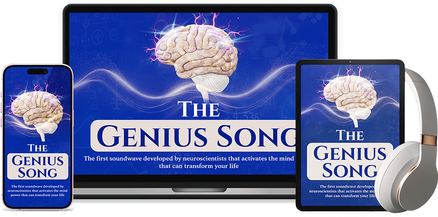 The Genius Song private audio member portal displayed on a mobile tablet and smartphone next to a pair of premium headphones